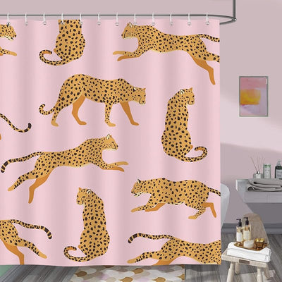 Cortina ducha leopardo rosa 72x72pulg poliéster 12 ganchos