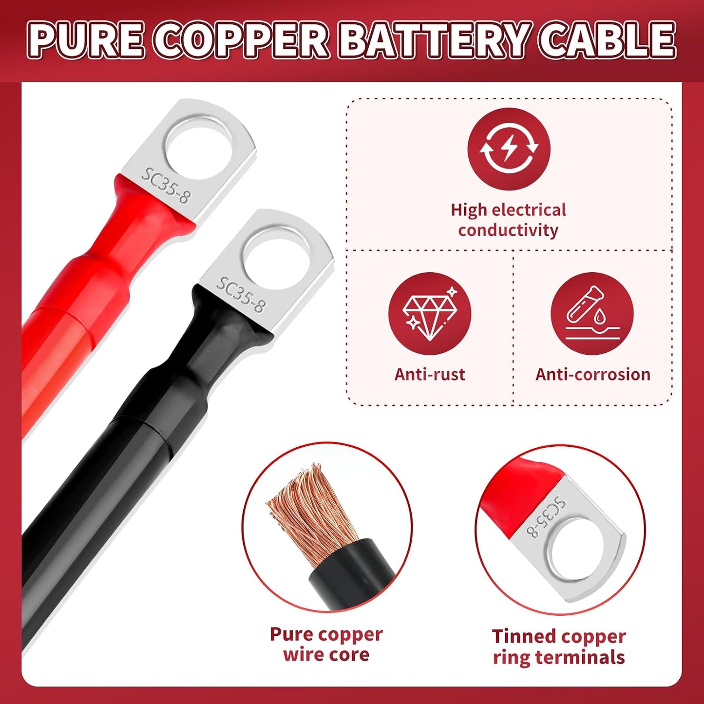 Cable batería 6 AWG 11.8pulg M8 cobre motocicleta