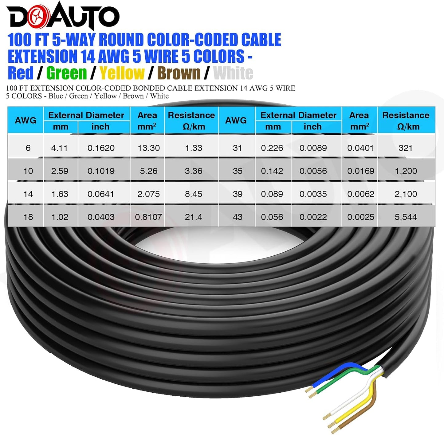 100 Pies Cable Conductor 14AWG 5 Vías para Remolque