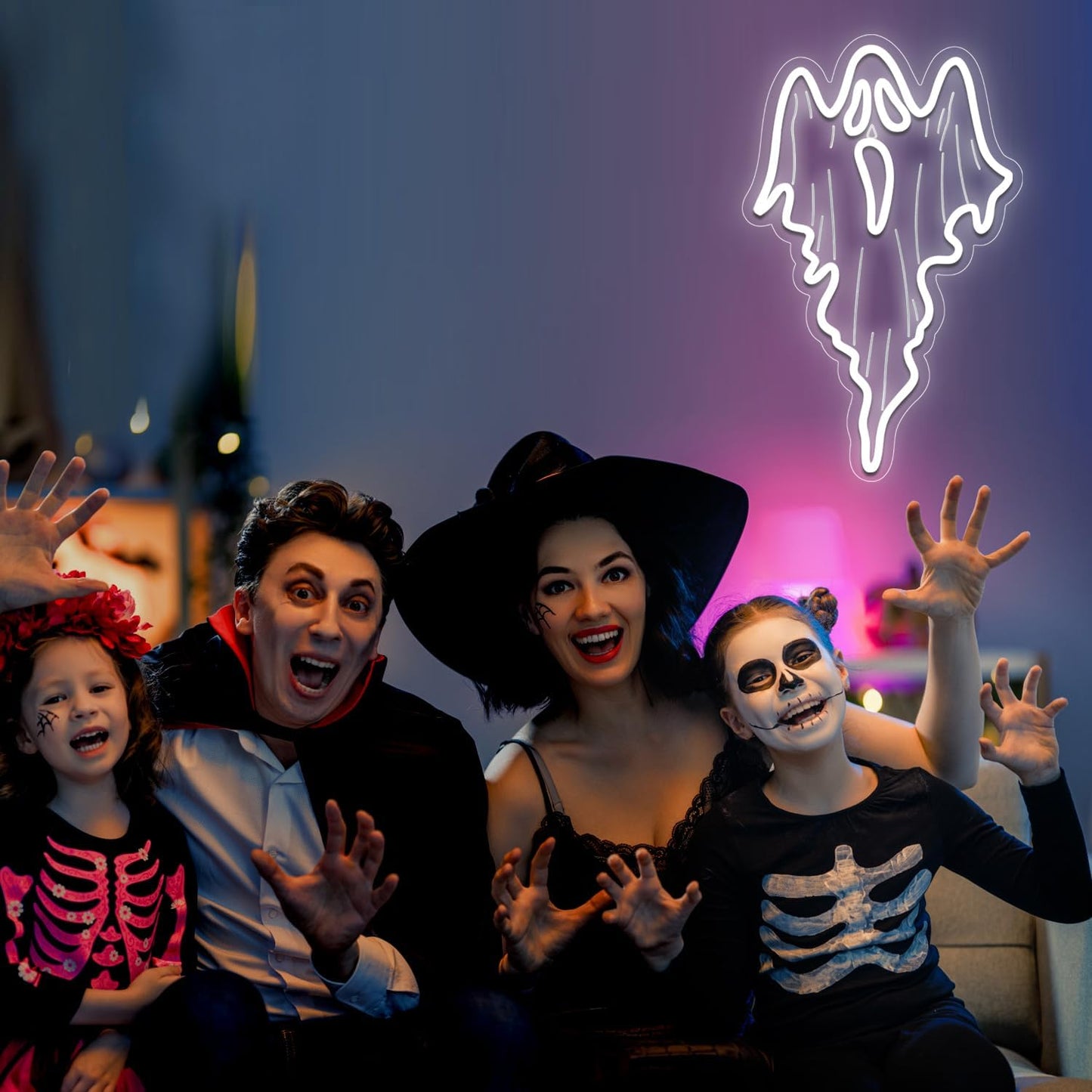 Letrero LED neón cara fantasma decoración Halloween sala set
