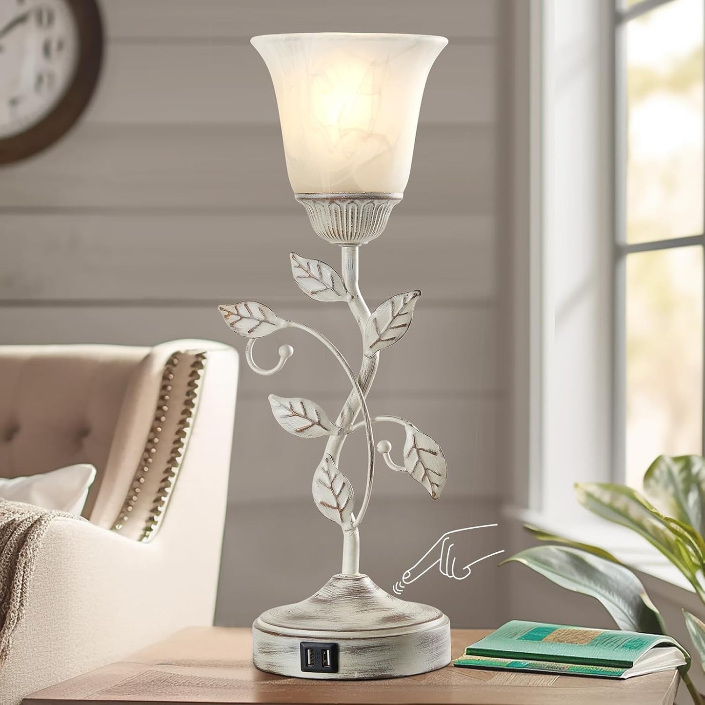 Lámpara mesa rústica control táctil 3 vías USB vidrio blanco