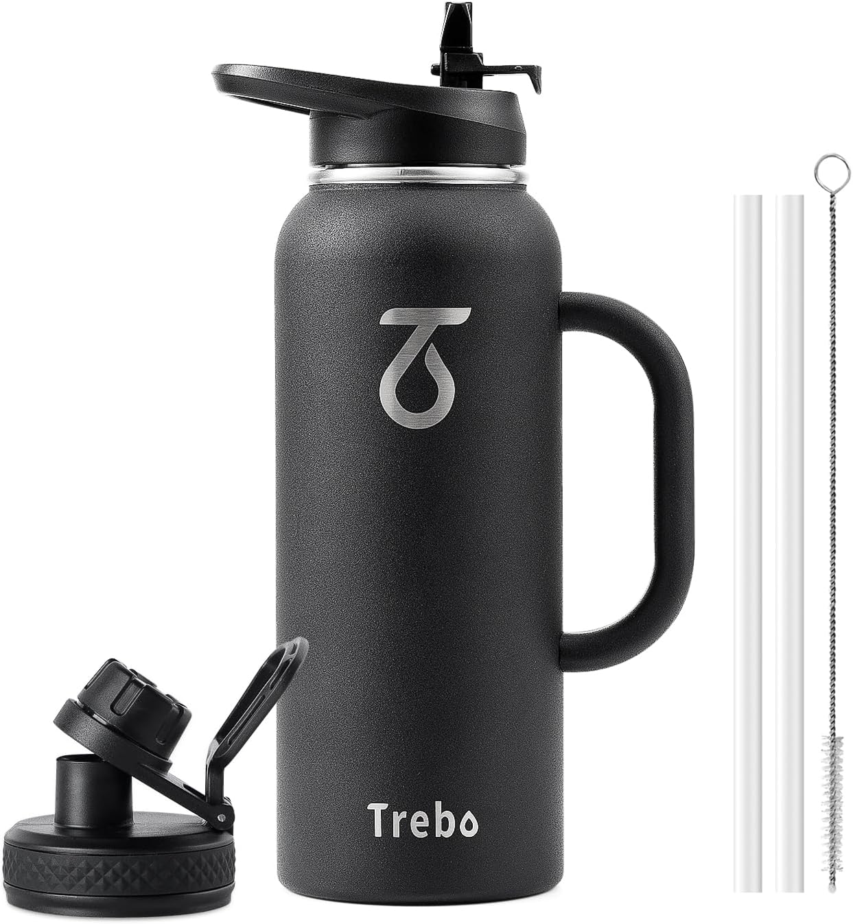 Botella agua acero inox 40oz asa tapa pajilla negro