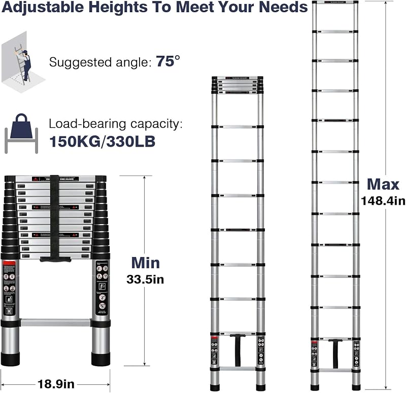 Escalera telescópica aluminio 12.5ft plegable multiusos