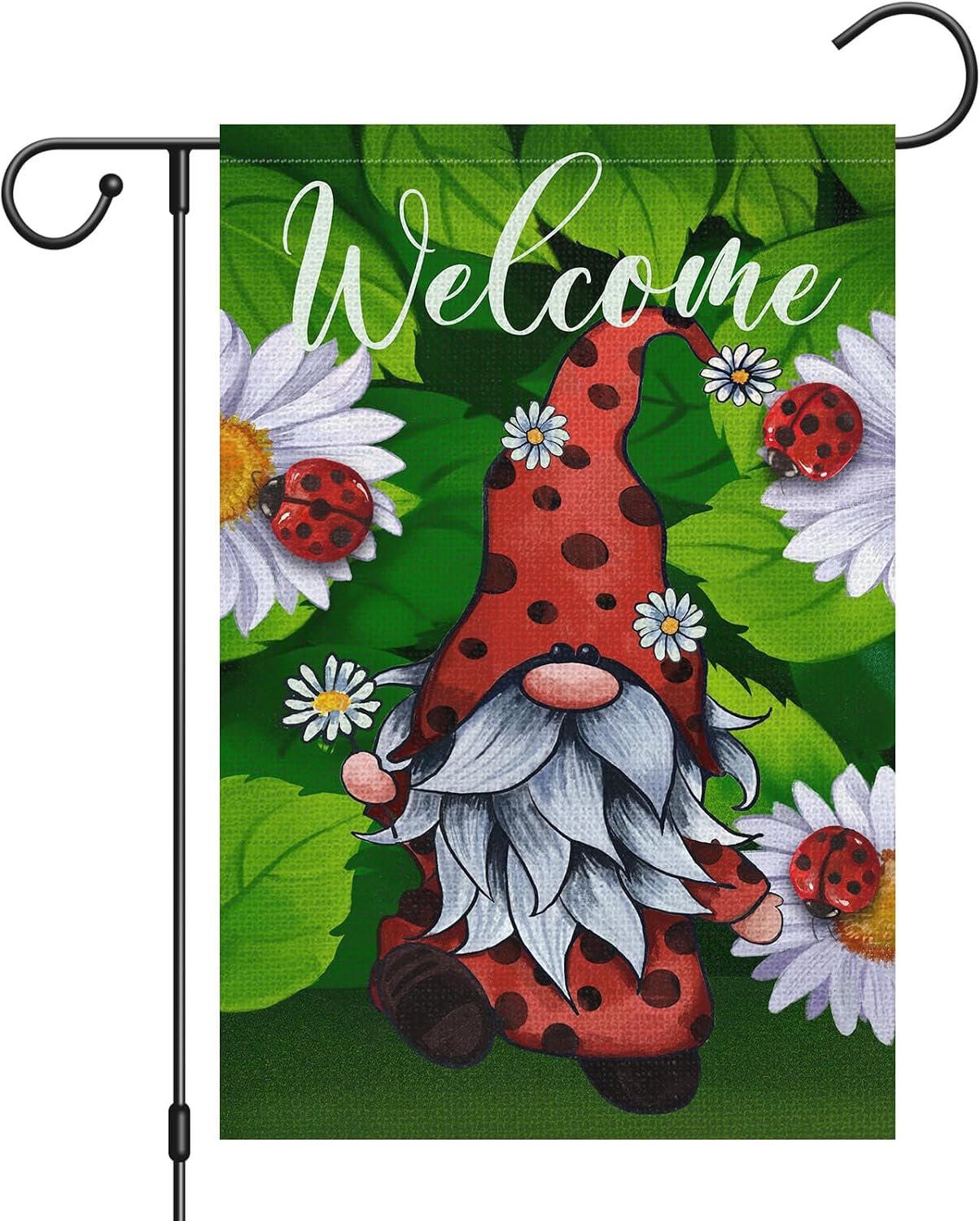 Bandera jardín 12x18pulg doble cara gnomo margaritas