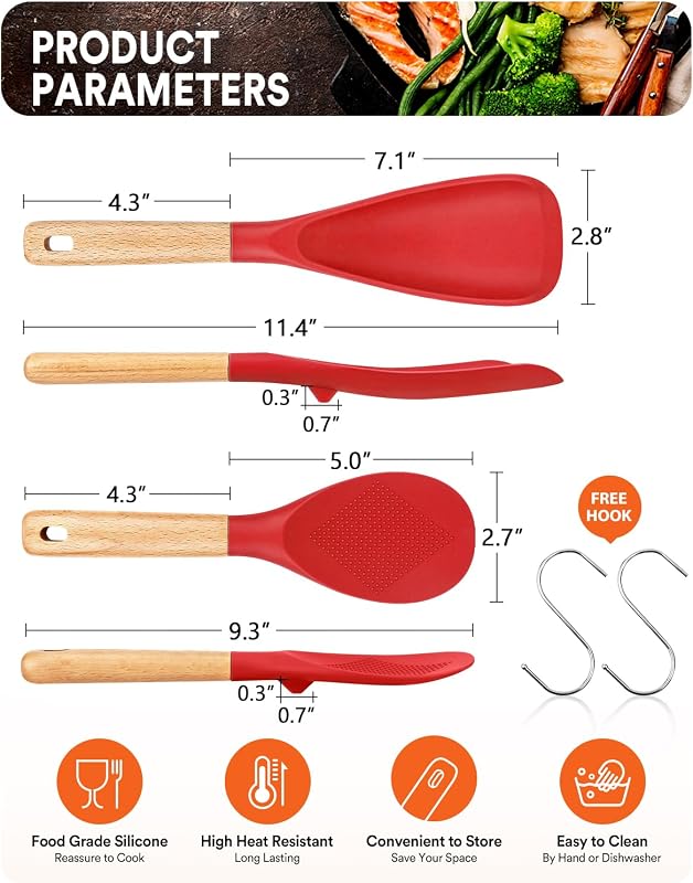 Cuchara silicona mate antiadherente con mango madera rojo