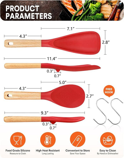 Cuchara silicona mate antiadherente con mango madera rojo