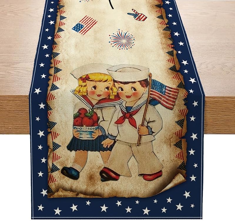 Camino mesa 4 de Julio estilo vintage azul marino para niños