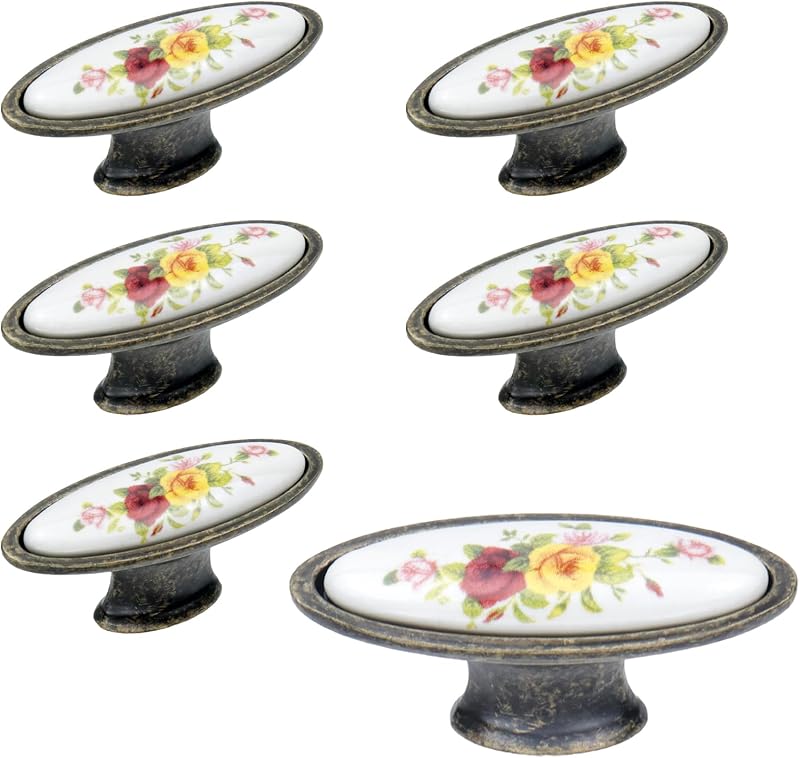 6 Pomos Cerámica Floral para Cajones y Armarios