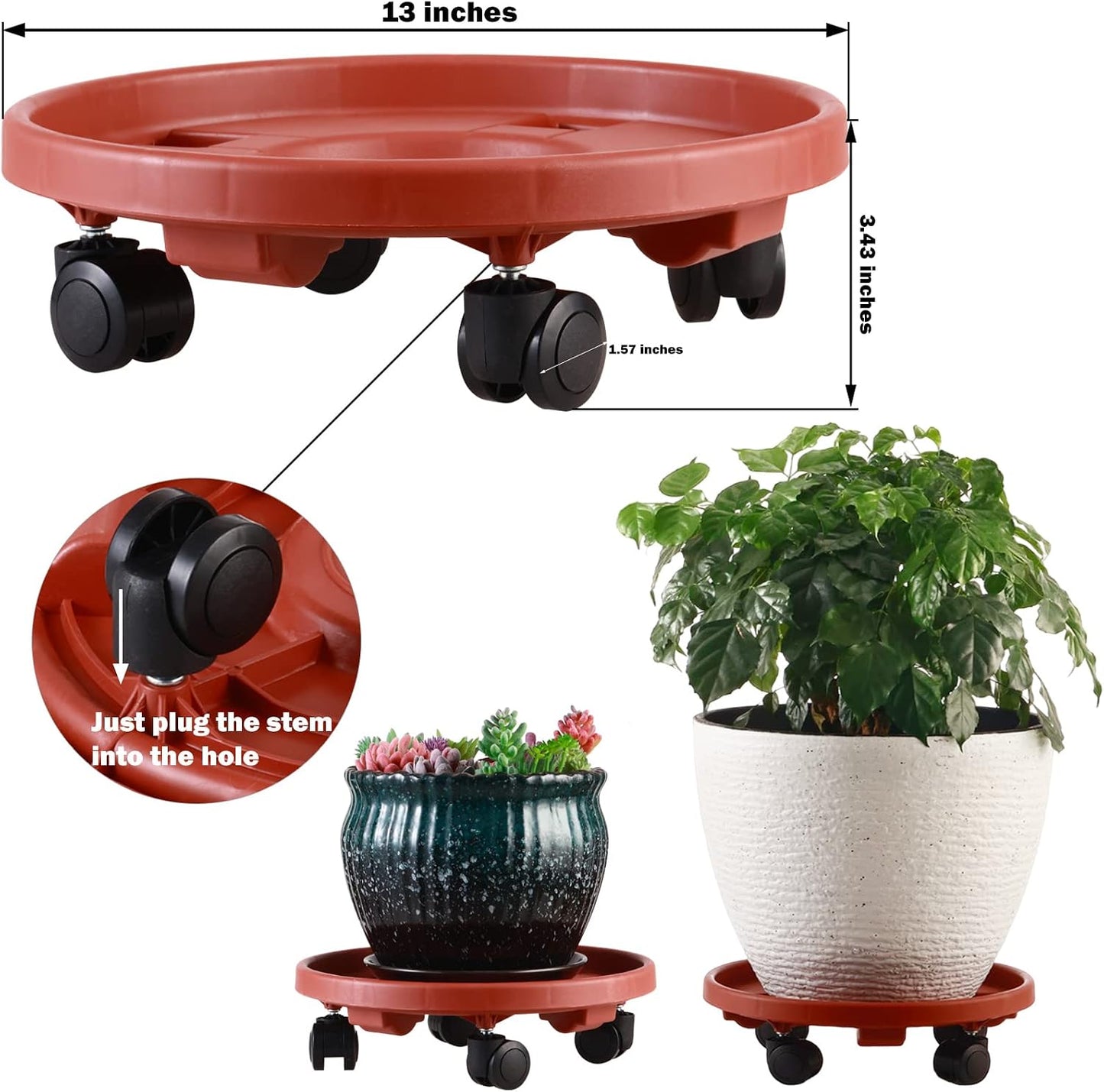 3 Soportes para Plantas con Ruedas 13" Plástico Resistente