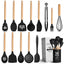 Set 14 Utensilios Silicona Negro Con Soporte Asas Madera