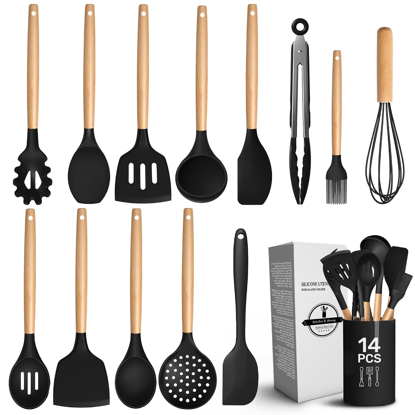 Set 14 Utensilios Silicona Negro Con Soporte Asas Madera
