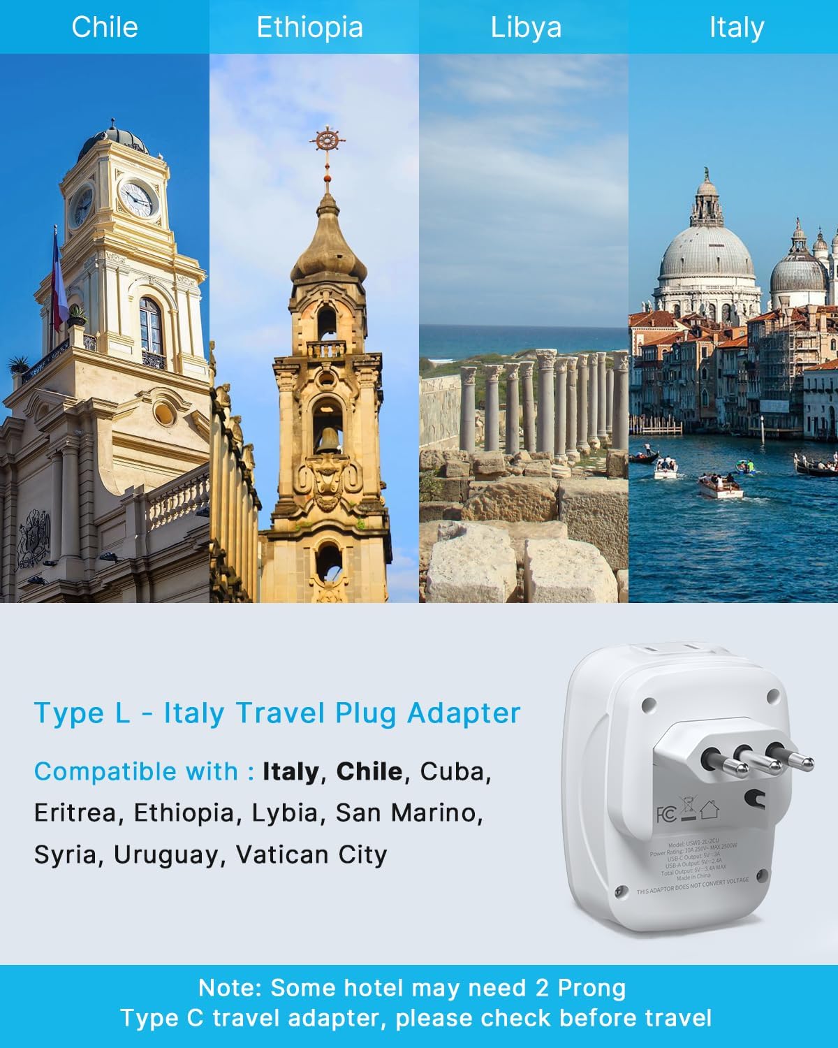 Adaptador enchufe viaje Italia 2 tomas AC 2 USB C plegable