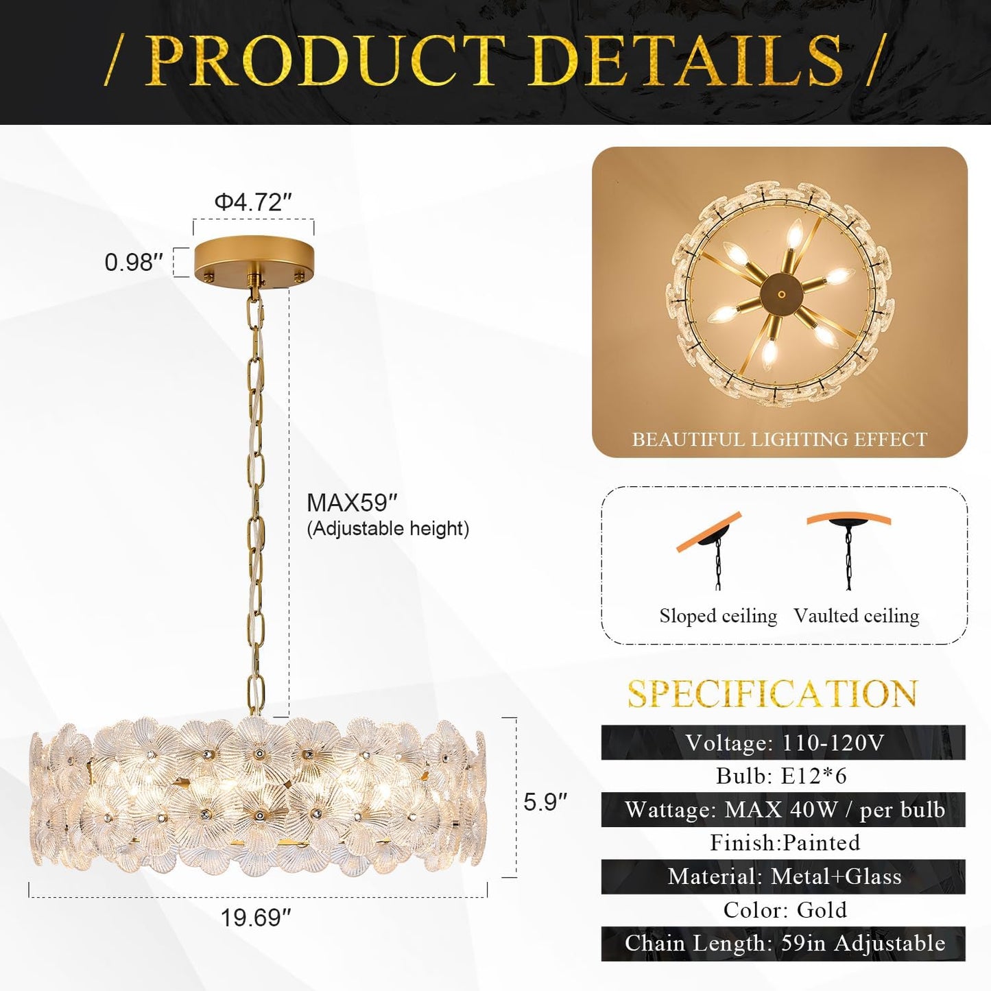 Candelabro cristal 20pulg 6 luces dorado sala