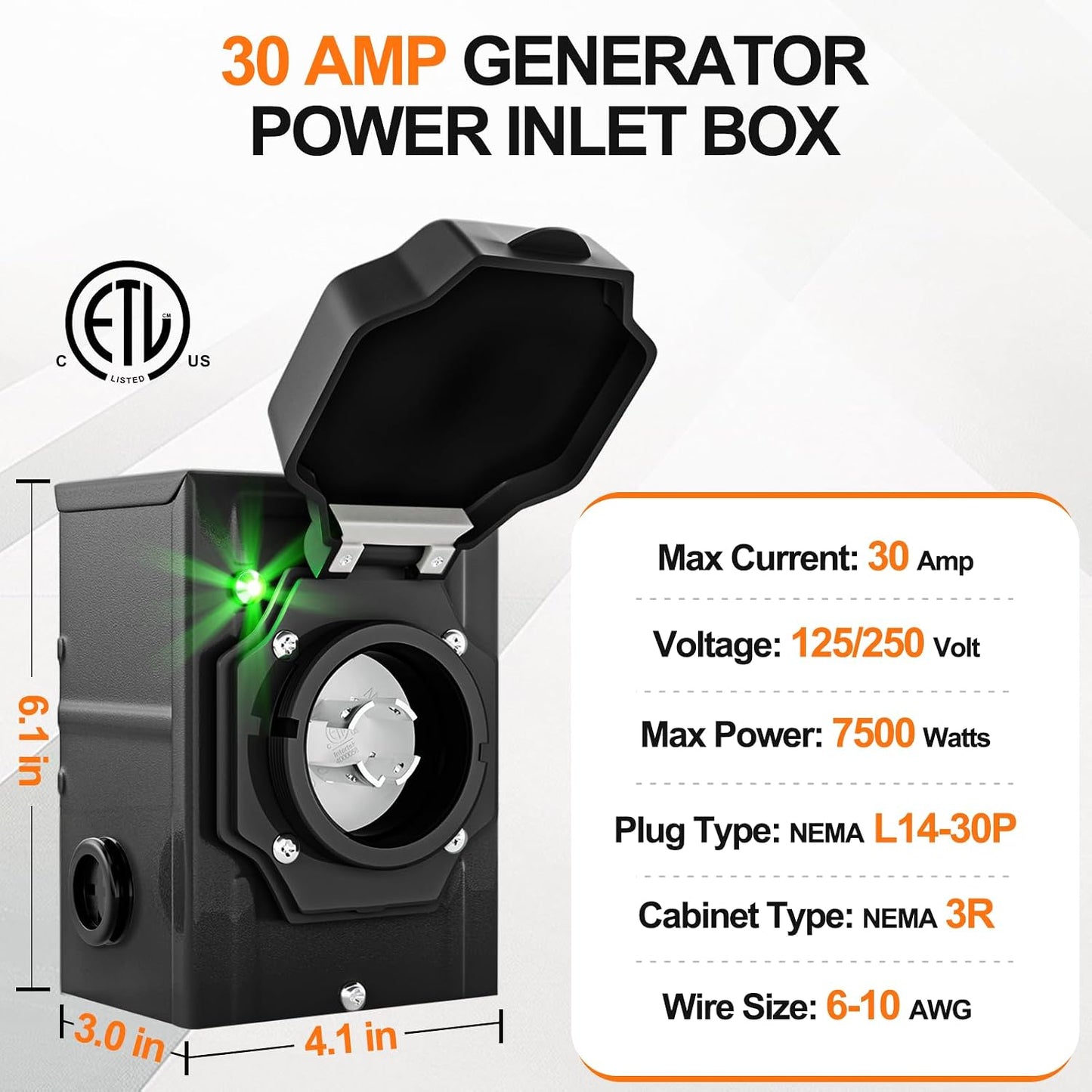 Caja entrada generador NEMA L14-30P 30A 125/250V RV