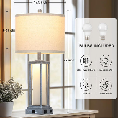 Lámpara mesa vintage 27 tall 2 pzas con USB y enchufe gris