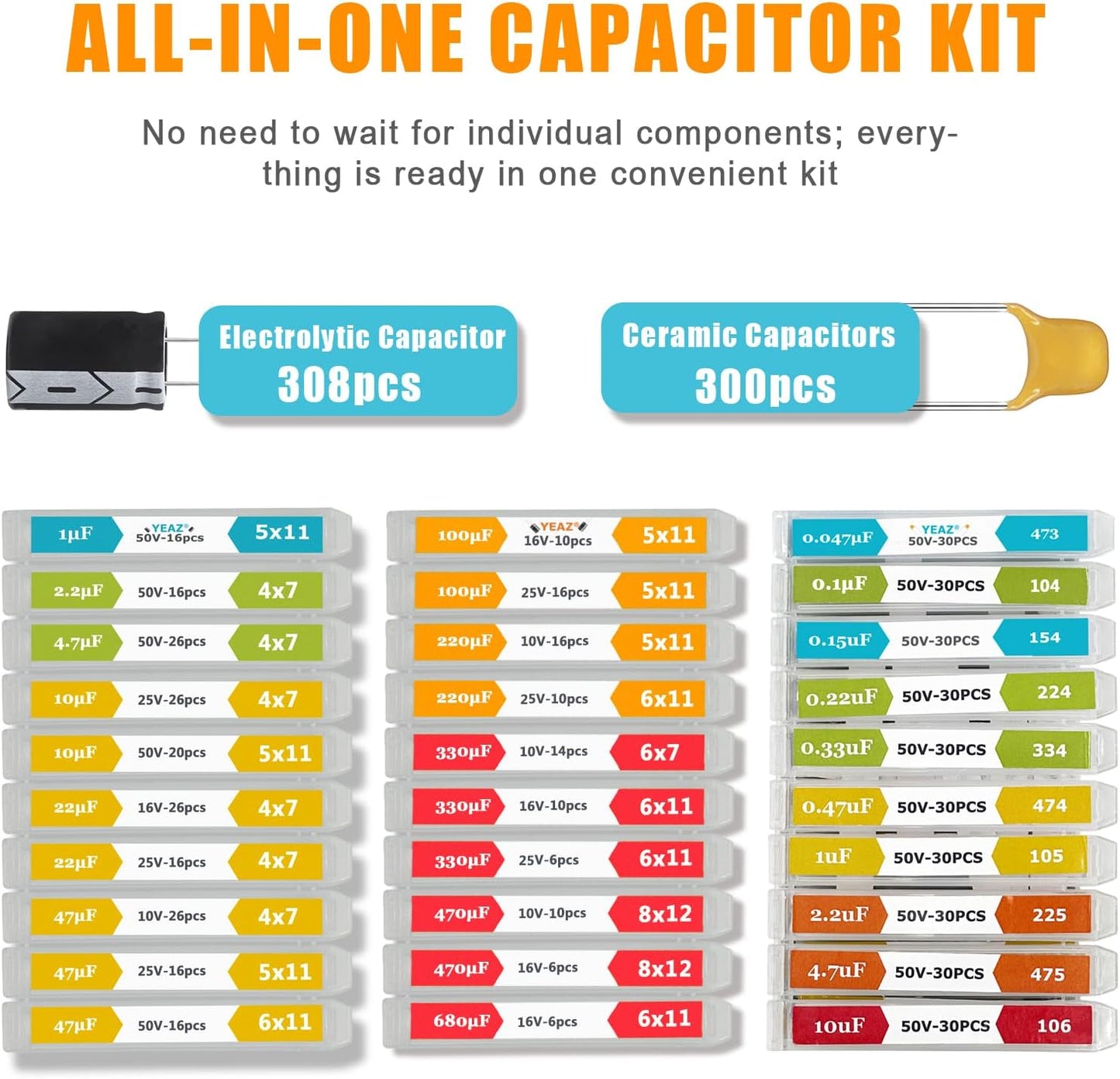 Kit 608 condensadores electrolíticos y cerámica 10v-50v