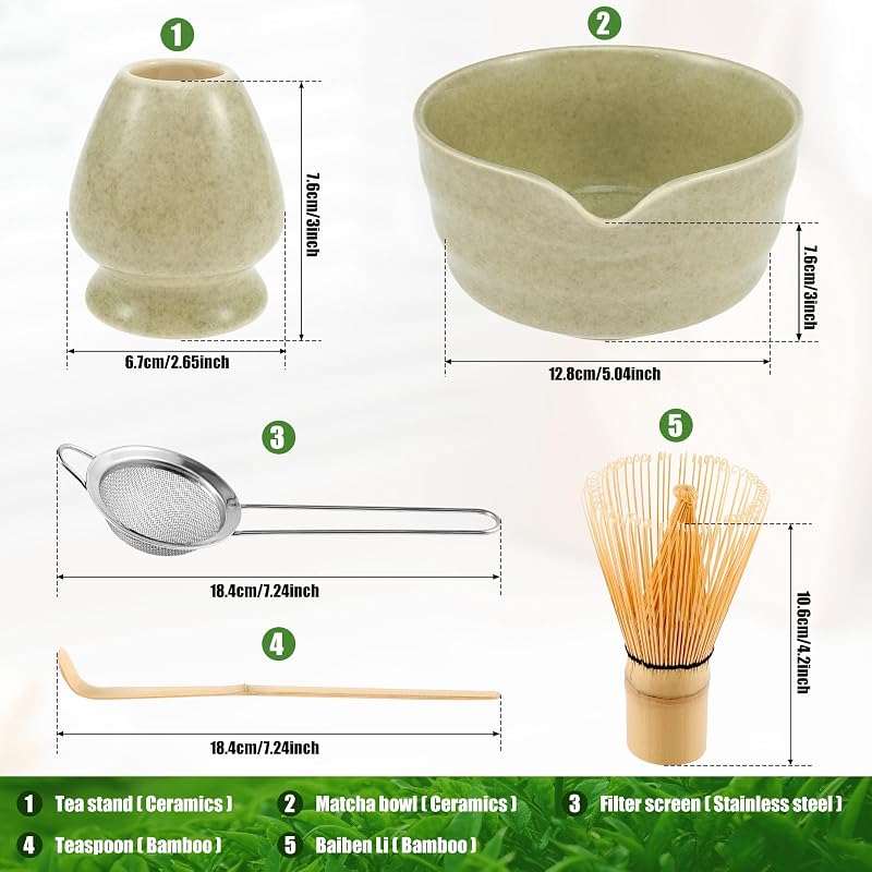 Juego batidor matcha 5 Pzas tazón cuchara bambú tamiz inox