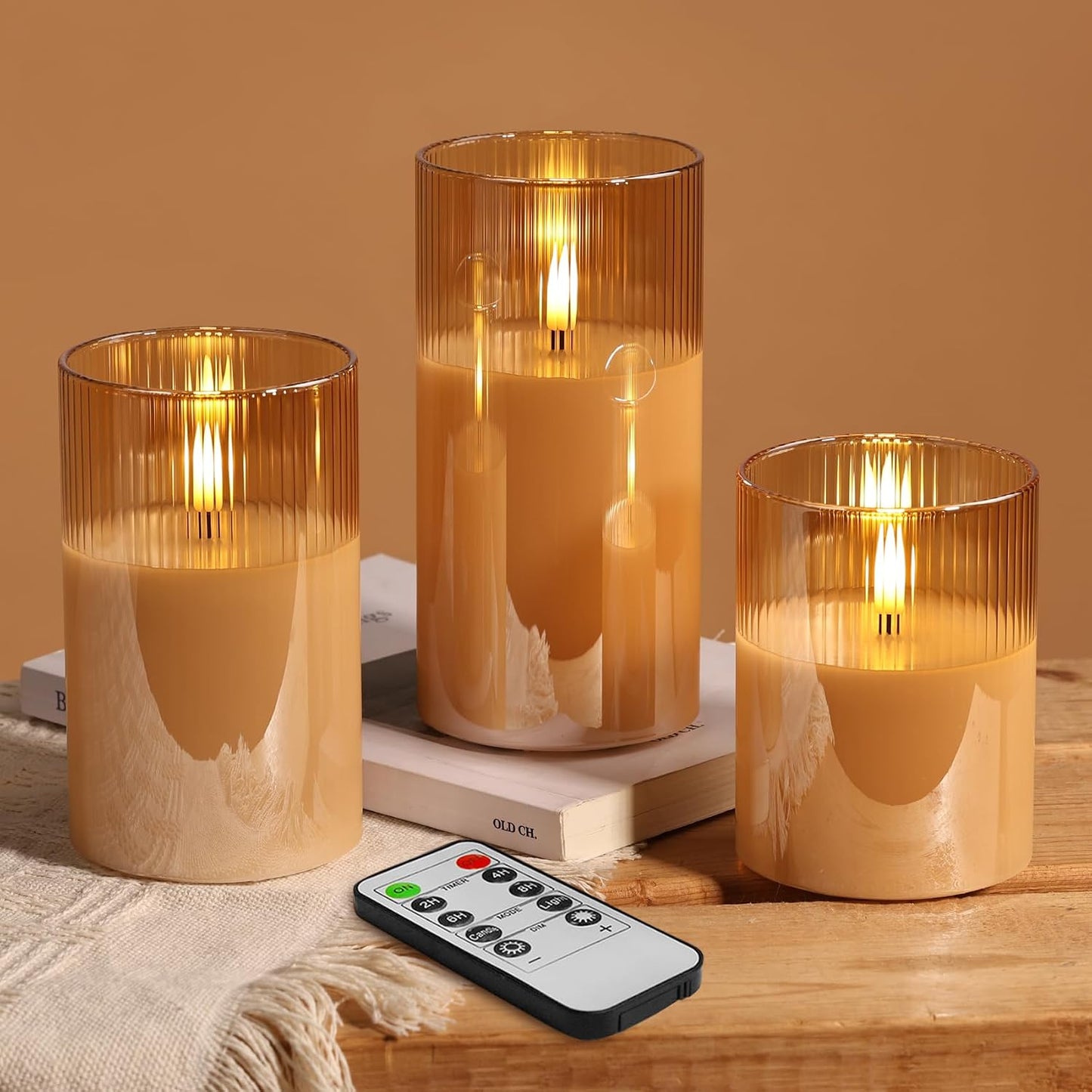 Velas pilar LED parpadeantes control remoto dorado set 3