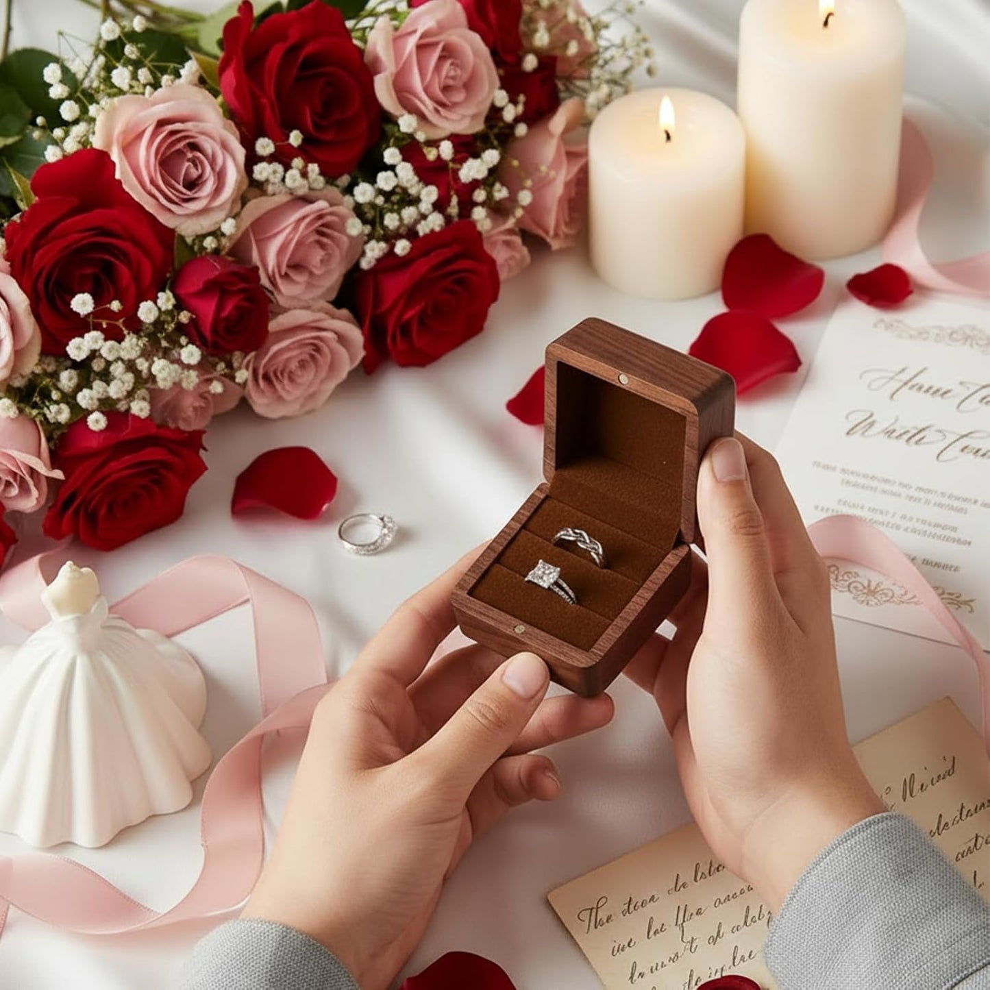 Caja anillos madera grabada para boda y propuesta
