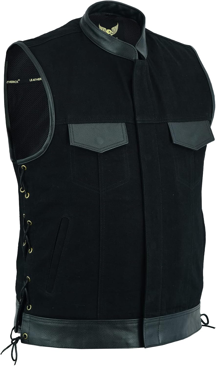 Chaleco mezclilla negro encaje lateral cuero motociclista