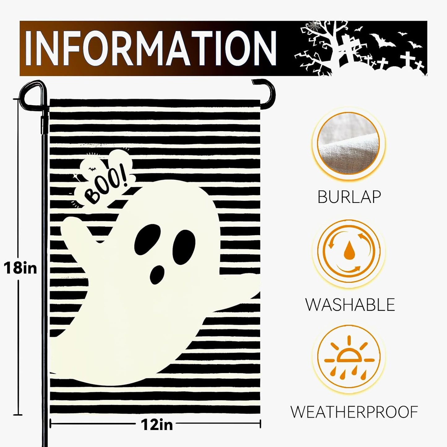 Bandera jardín Halloween fantasma doble cara 12x18