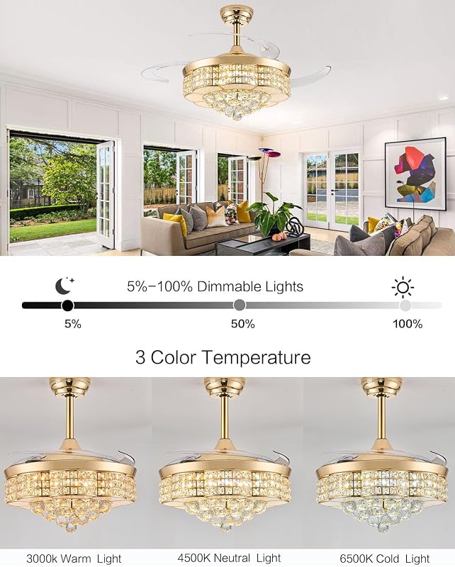 Ventilador techo retráctil 48" luces candelabro dorado