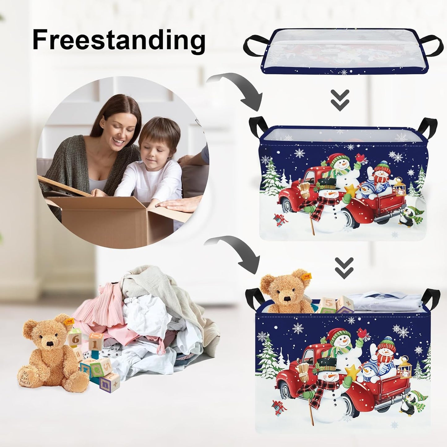 Cesta de navidad con gnomo, pingüino y muñeco de nieve