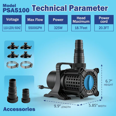 Bomba estanque ajustable 325W 5100GPH 20.3ft sumergible Koi