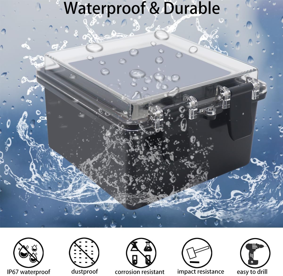Caja eléctrica ABS IP67 cubierta negra 5.9x5.9x3.5pulg