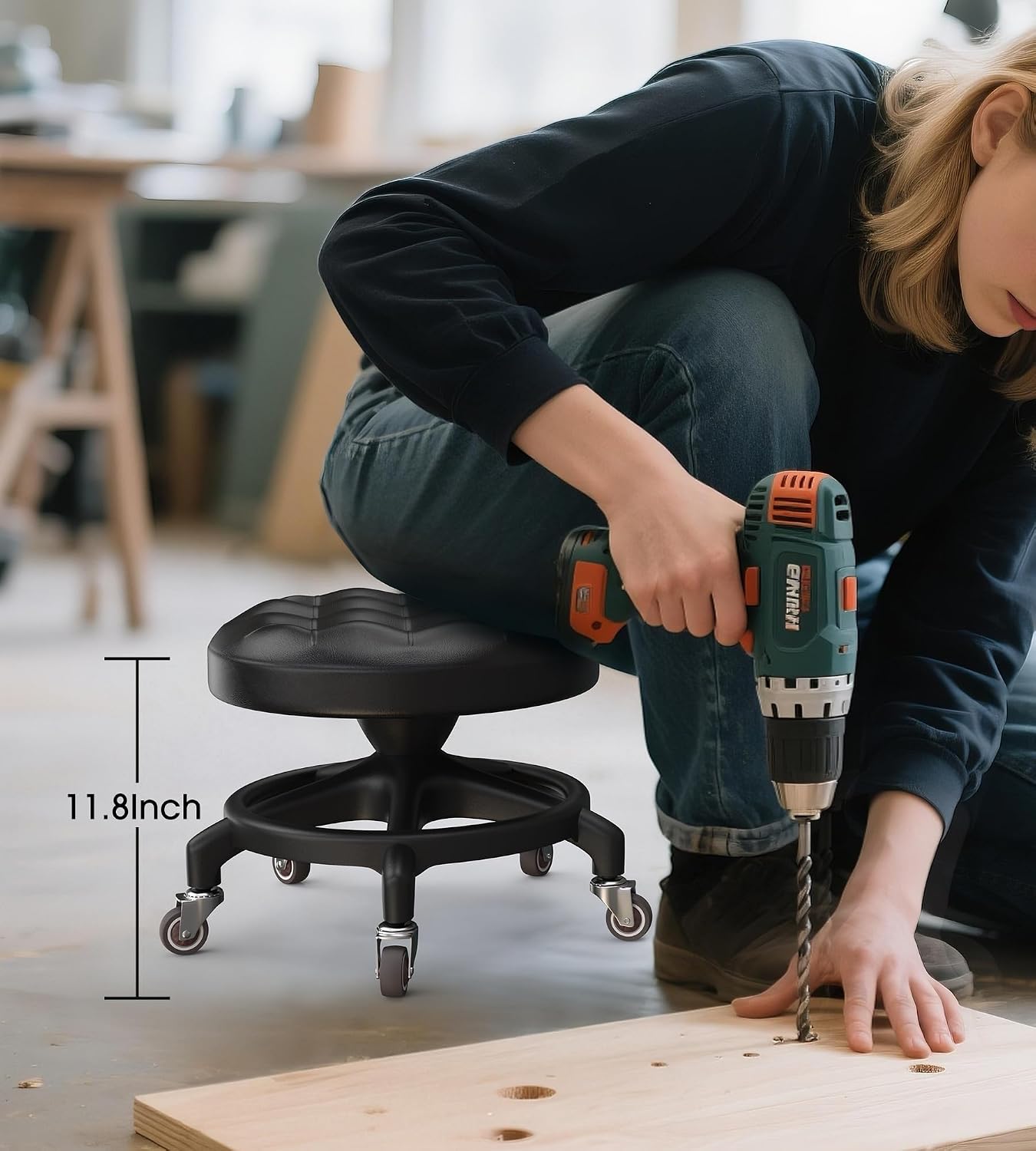 Taburete rodante bajo asiento poliuretano 450lb negro