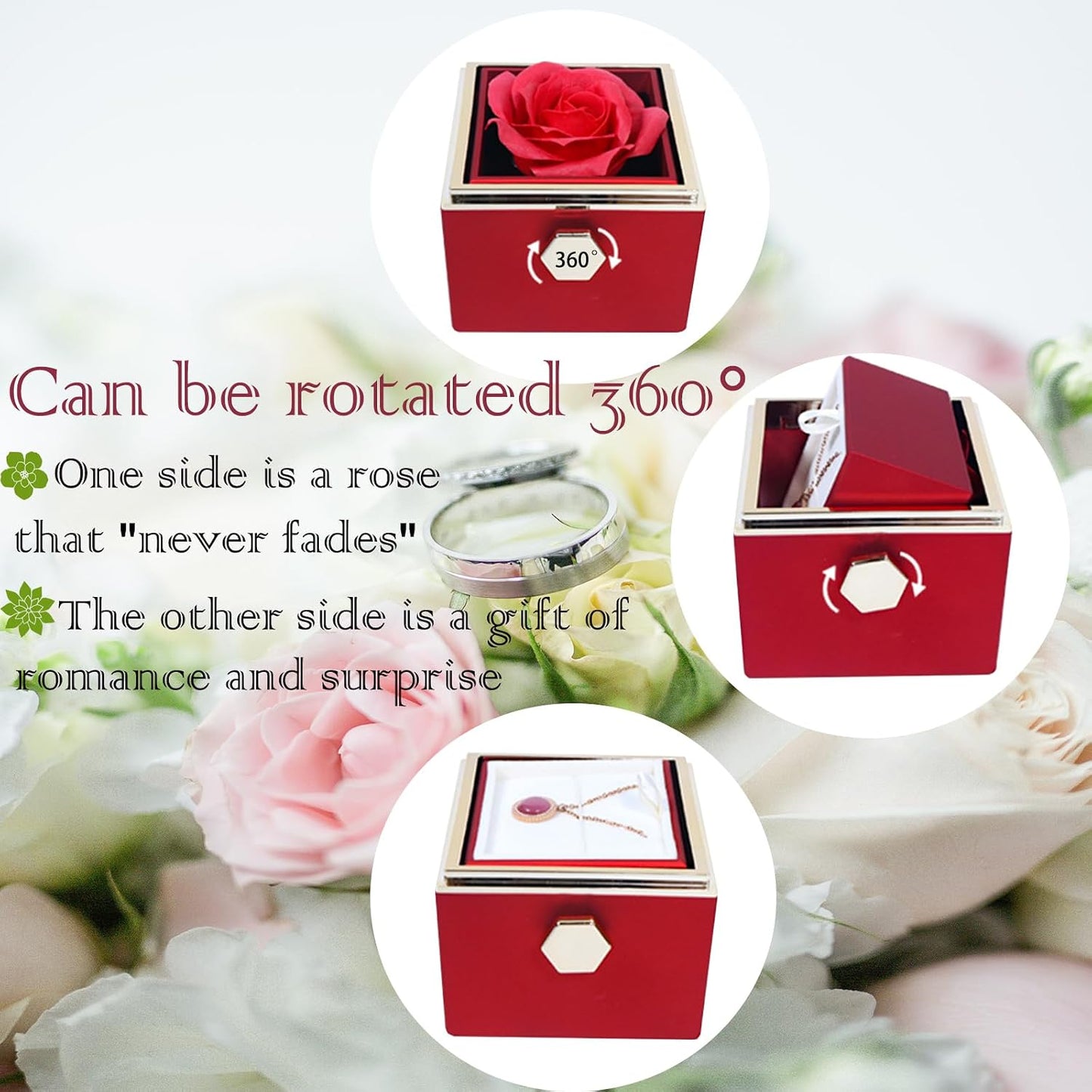 Caja regalo anillo rosa flores artificiales aniversario