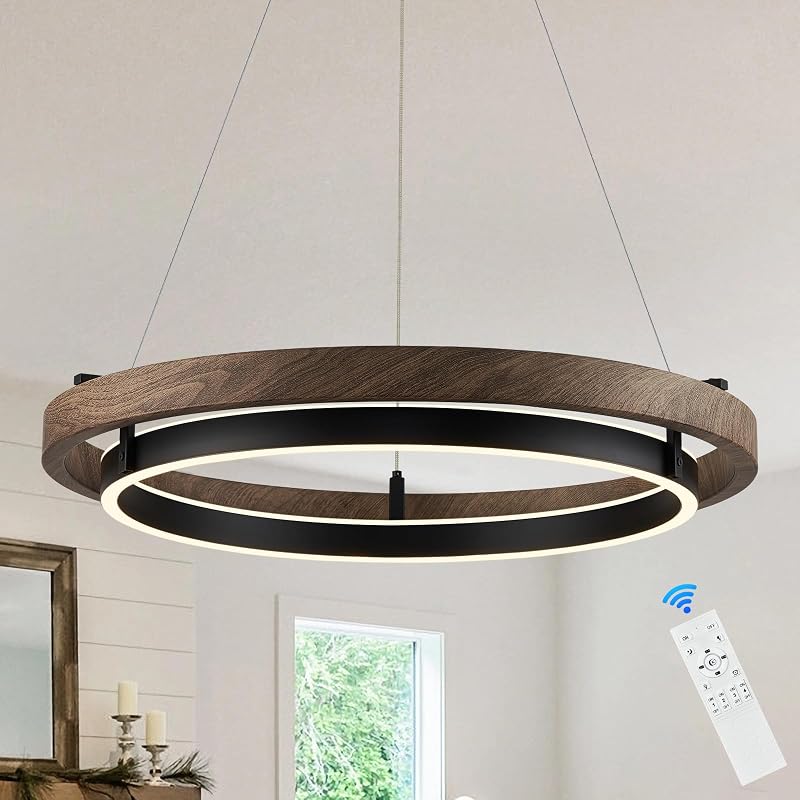 Candelabro LED 2 Anillos Regulable Negro Madera Nogal