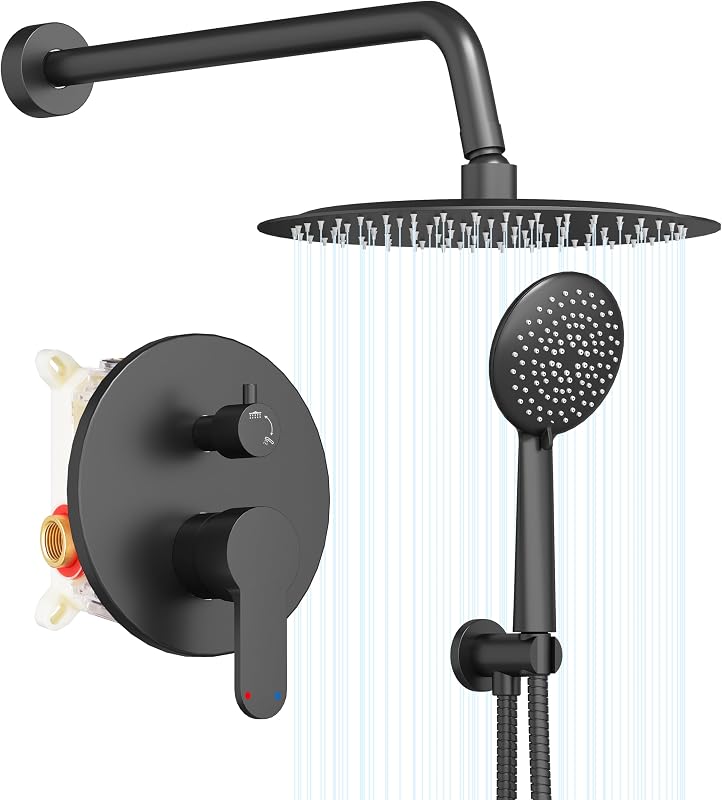 Regadera pared baño acero inox 25.4cm 5 modos negro mate