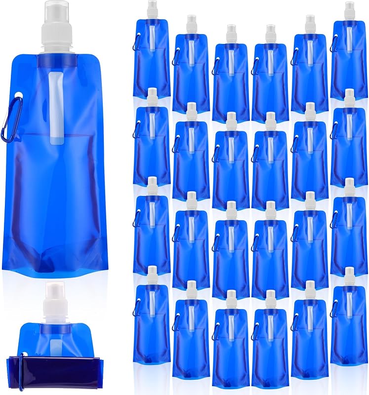 24 Botellas Agua Plegables 16oz Mosquetón Reutilizables Azul