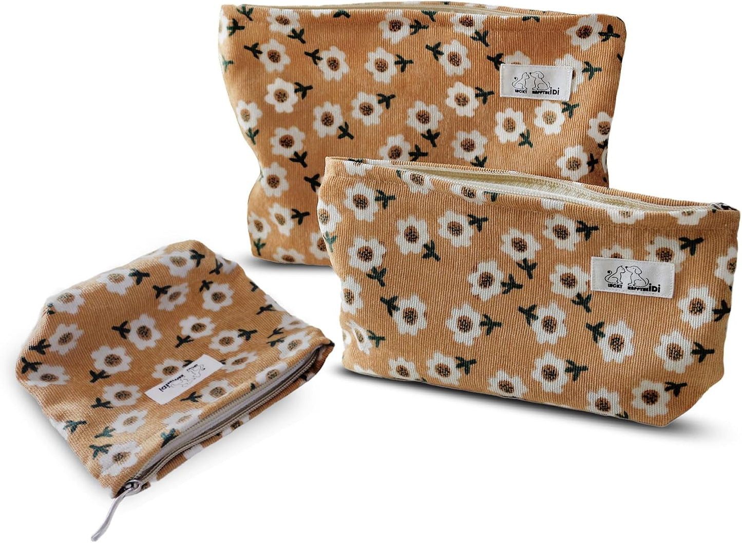 Set 3 bolsas maquillaje floral con cremallera marrón