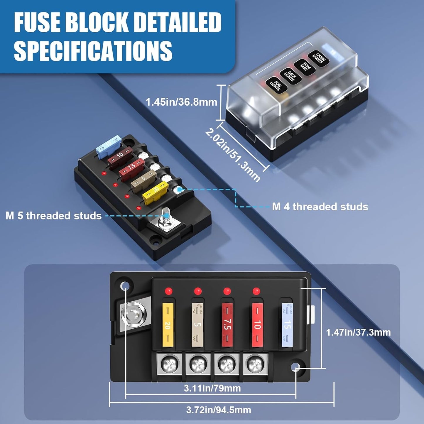 Bloque fusibles 12v panel marino 4 circuitos con relés led