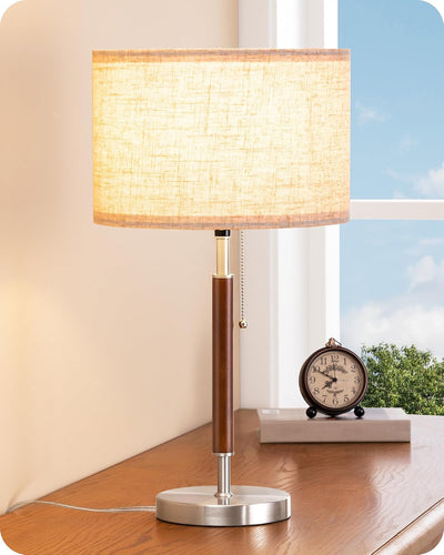 Lámpara mesa retro madera metal interruptor cadena pantalla
