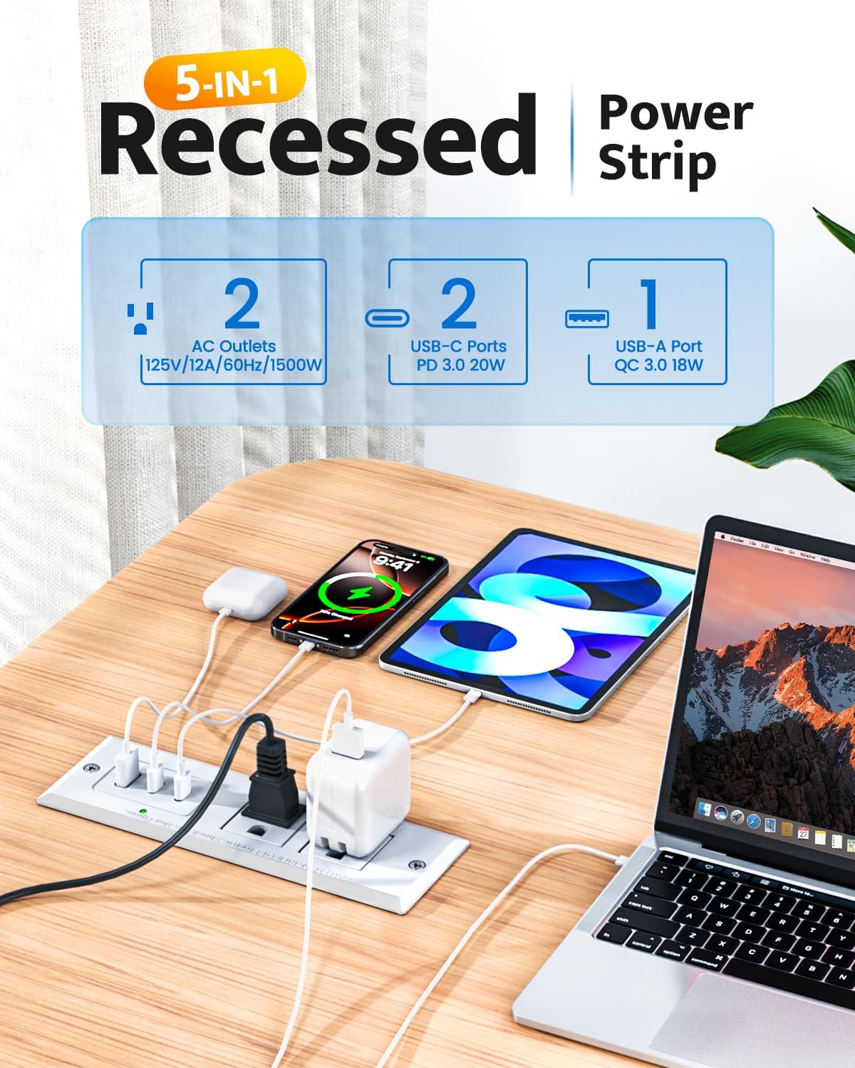 Tira alimentación empotrada con USB C 20W y USB A para mesa