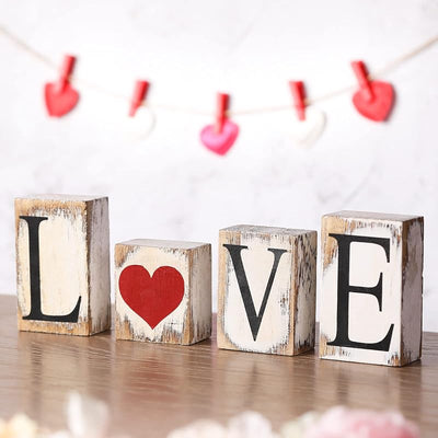 4 Pzas Bloques Madera Románticos San Valentín Decoración Hogar