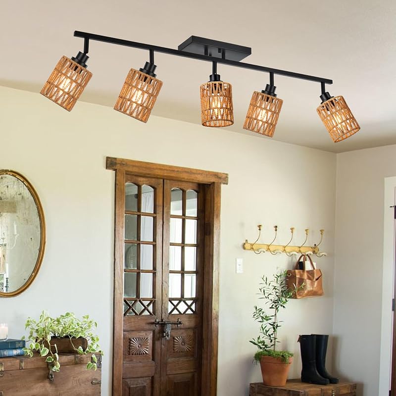 Lámpara techo 5 luces ratán luz giratoria baño pasillo