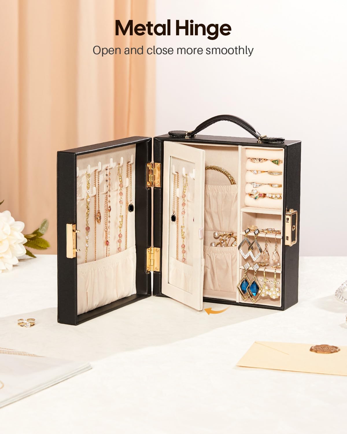 Estuche joyería viaje con espejo y organiz. PU