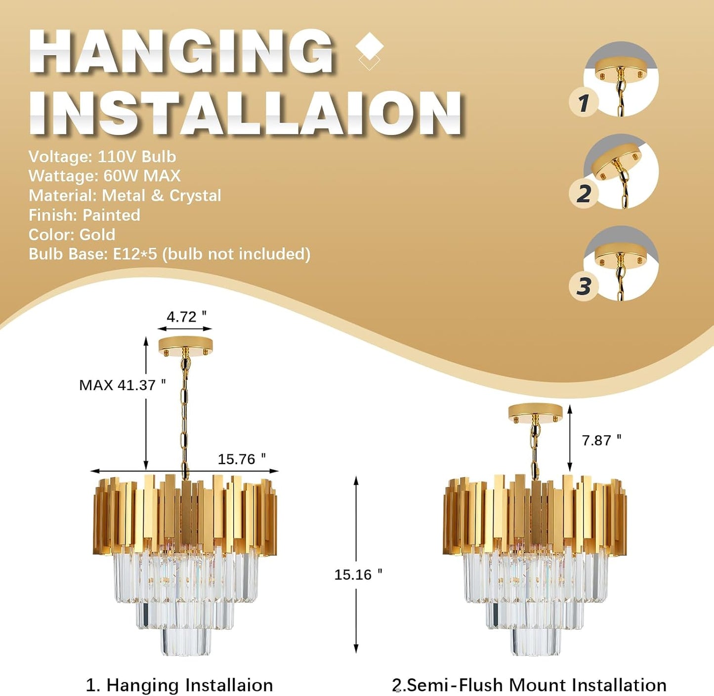 Candelabro cristal dorado 3 niveles 5 luces redondas