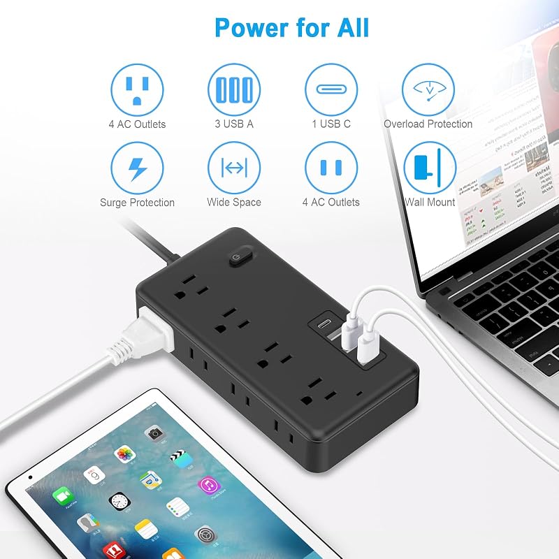 Regleta alimentación 10pies 8 salidas CA 3 USB