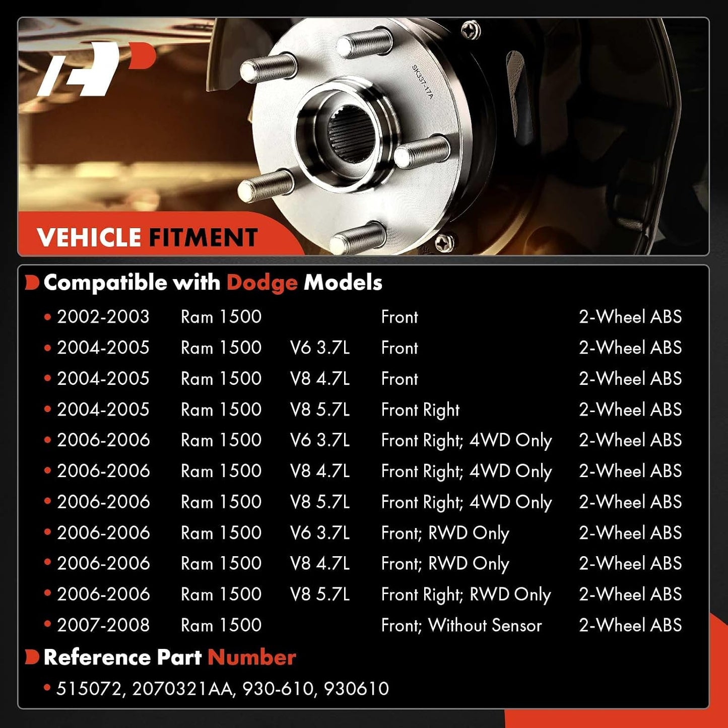 Cojinete rueda y kit cubo 5 lengüetas comp Dodge Ram con ABS