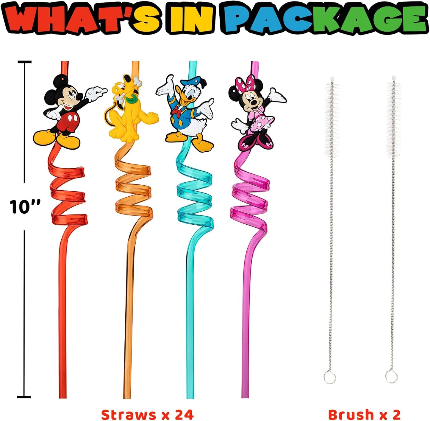 24 Popotes Reutilizables Mickey con 2 Cepillos Limpieza