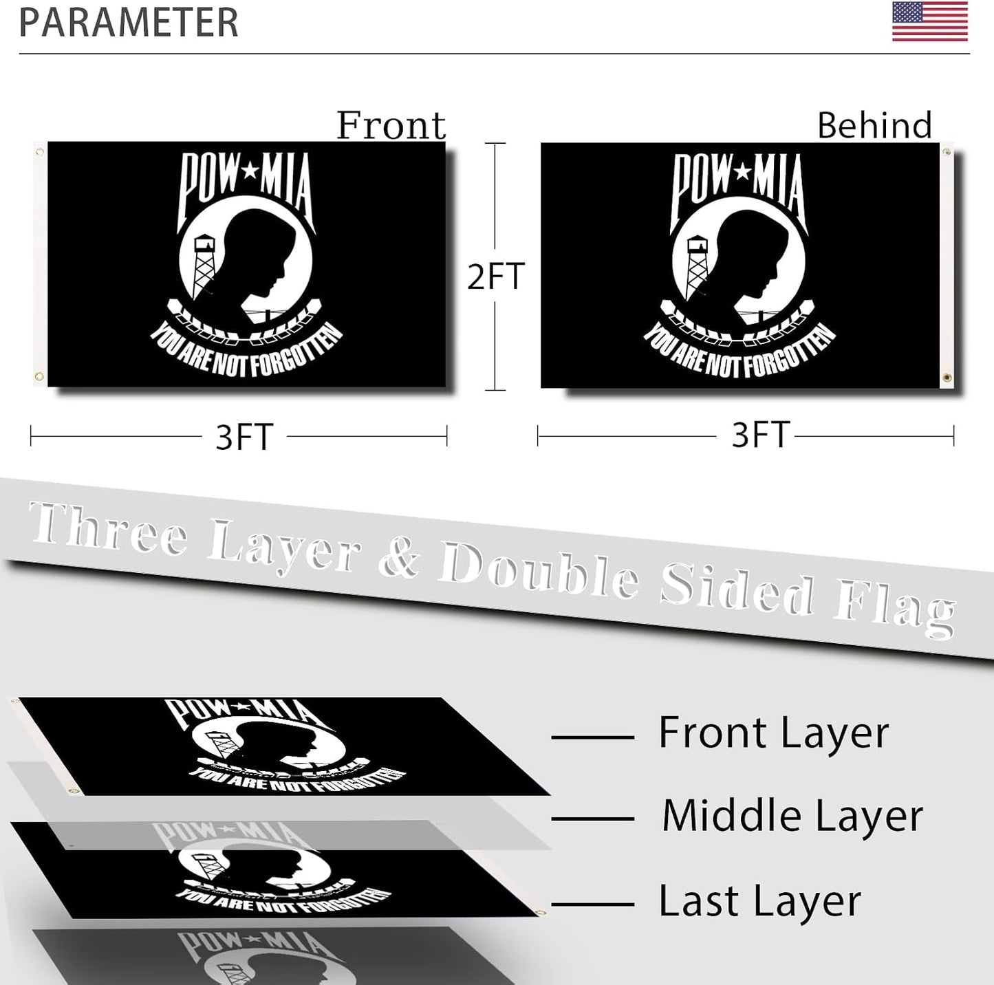 Bandera Pow Mia 2x3 doble cara poliéster 240D color