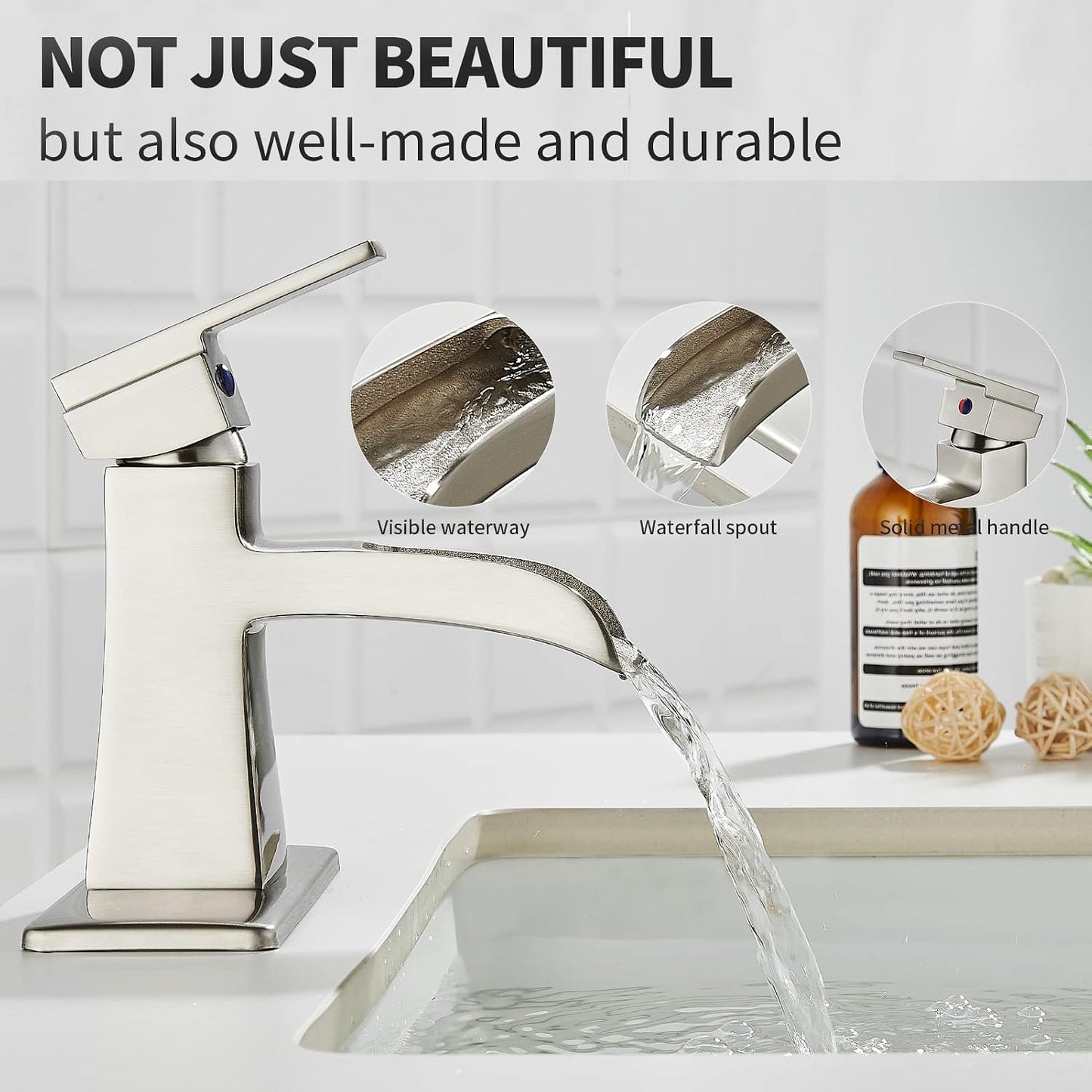 Grifo baño cascada níquel cepillado manija desagüe pop-up