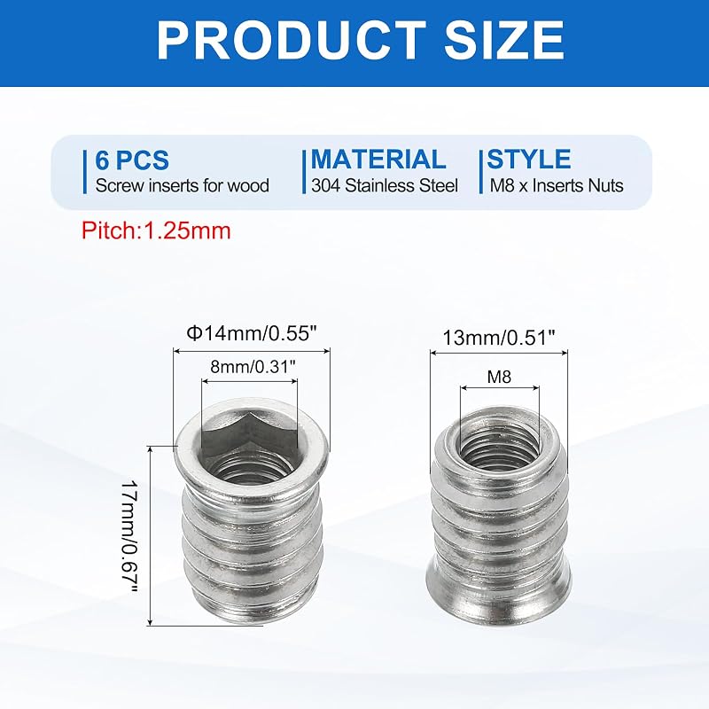 6 Tuercas M8x17mm Acero Inox 304 para Muebles