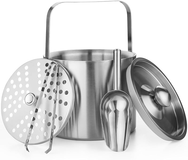Cubo hielo acero inox doble pared con tapa cuchara colador