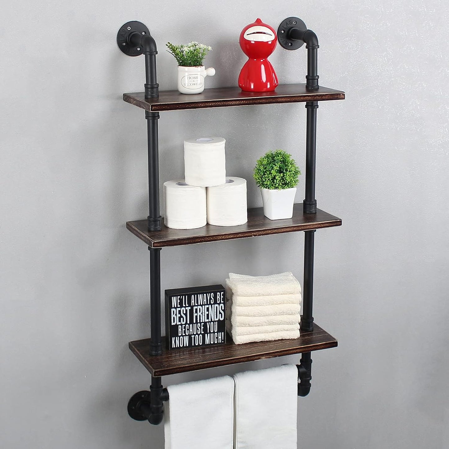 Estante de madera rústica para baño con barra toallas